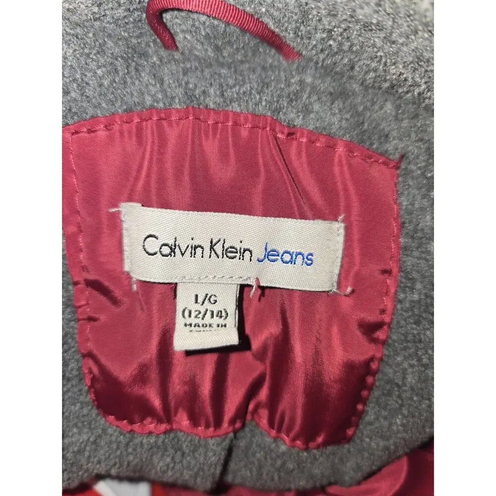Calvin Klein Jeans US Girls Size L Redberry Hooded Puffer Coat Faux Fur Trim